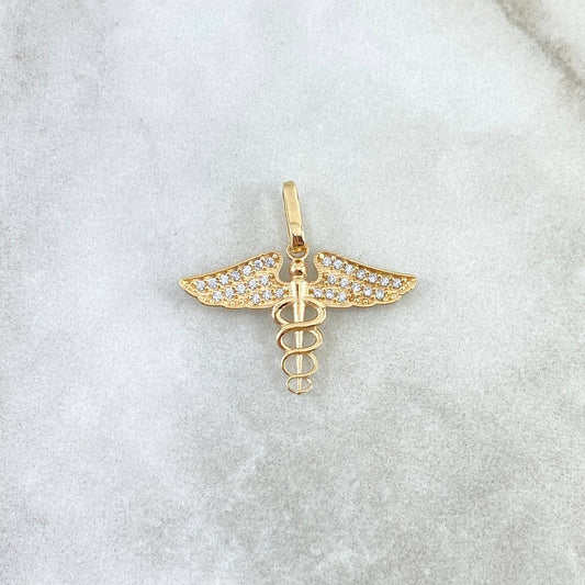 Pendant Caduceus of Snakes 1.6gr / 2.1cm / White Zircons Yellow Gold