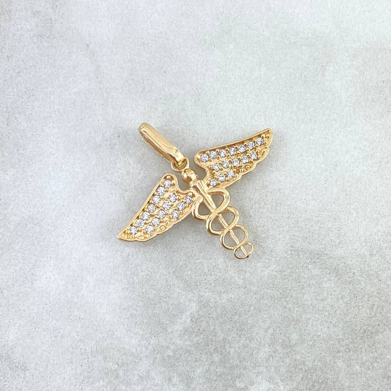 Pendant Caduceus of Snakes 1.6gr / 2.1cm / White Zircons Yellow Gold