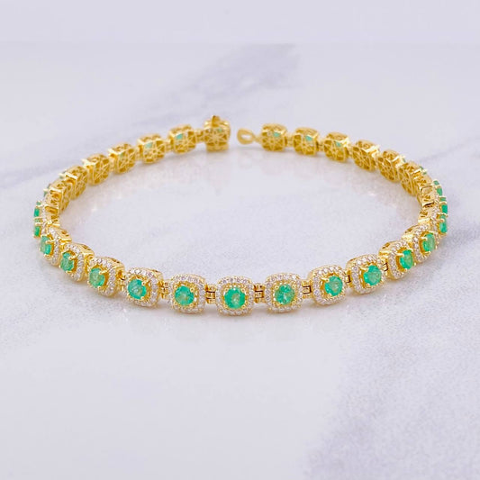 Pulso Tenis Cuadrado Esmeraldas 3.02qts Moisanitas 2.26qts 14.25g / 8 in / 6mm Oro Amarillo 18K