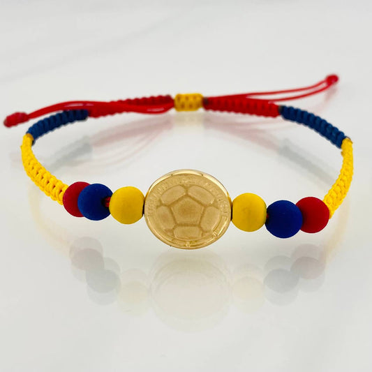 Pulsera Tejida Tricolor Herraje Balon Oro Amarillo 18K