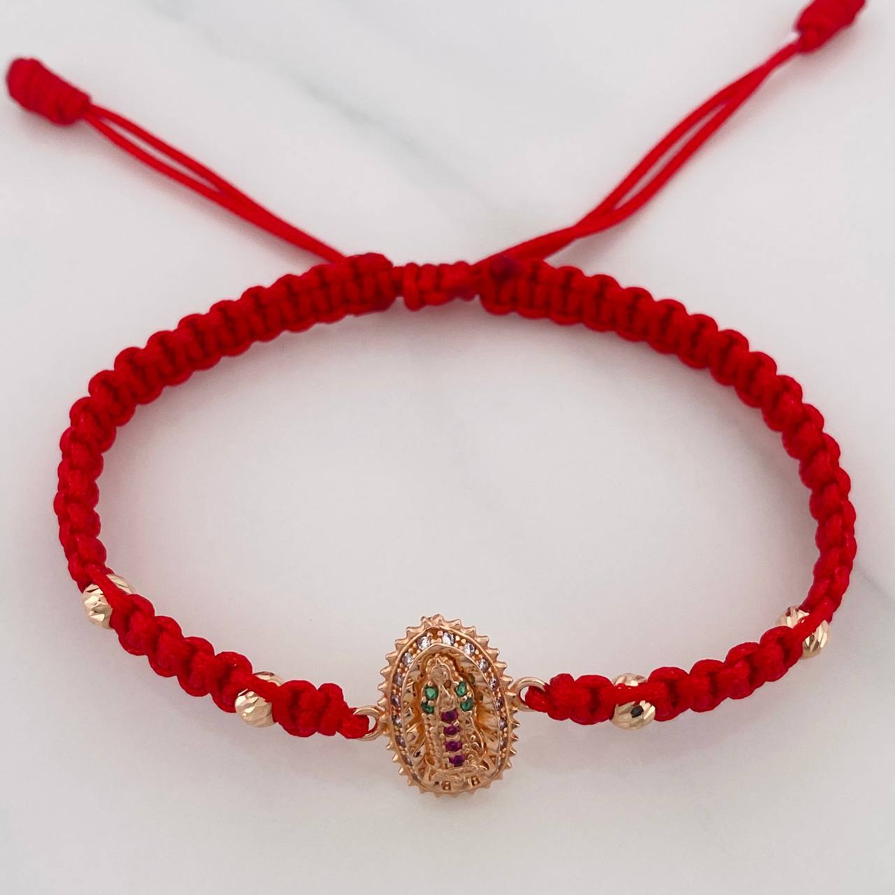 Pulsera Tejida Roja Virgen de Guadalupe Oro Rosa 18K