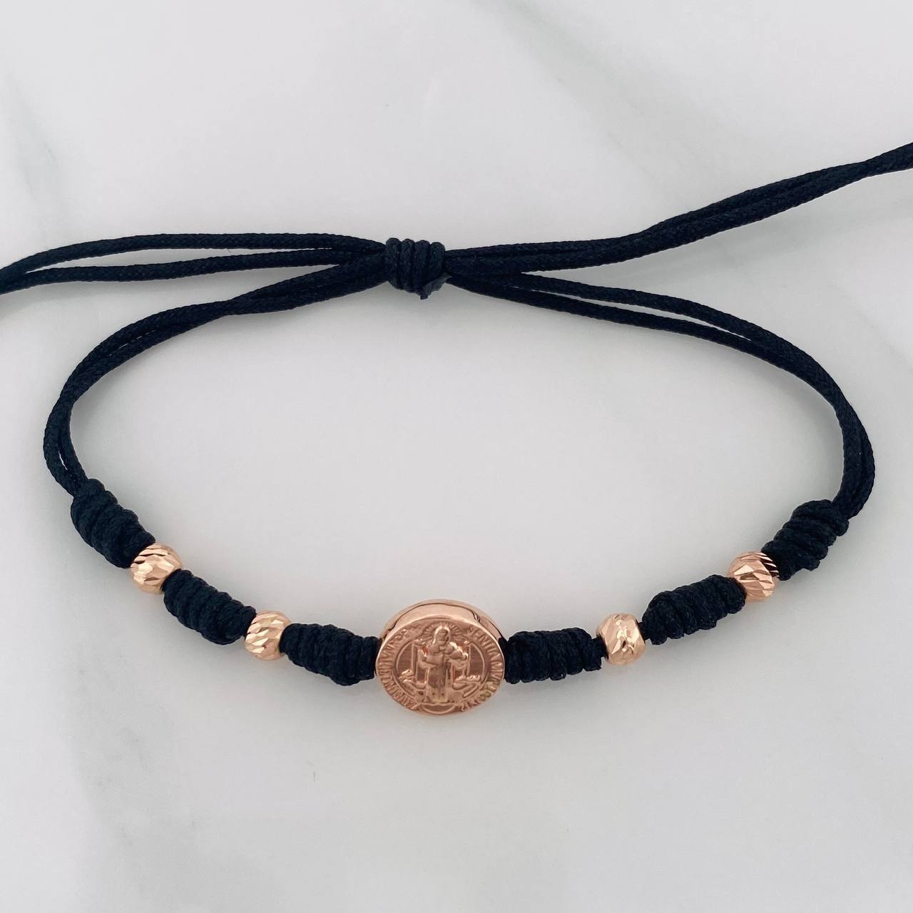 Pulsera Tejida Negra San Benito Oro Rosa 18K