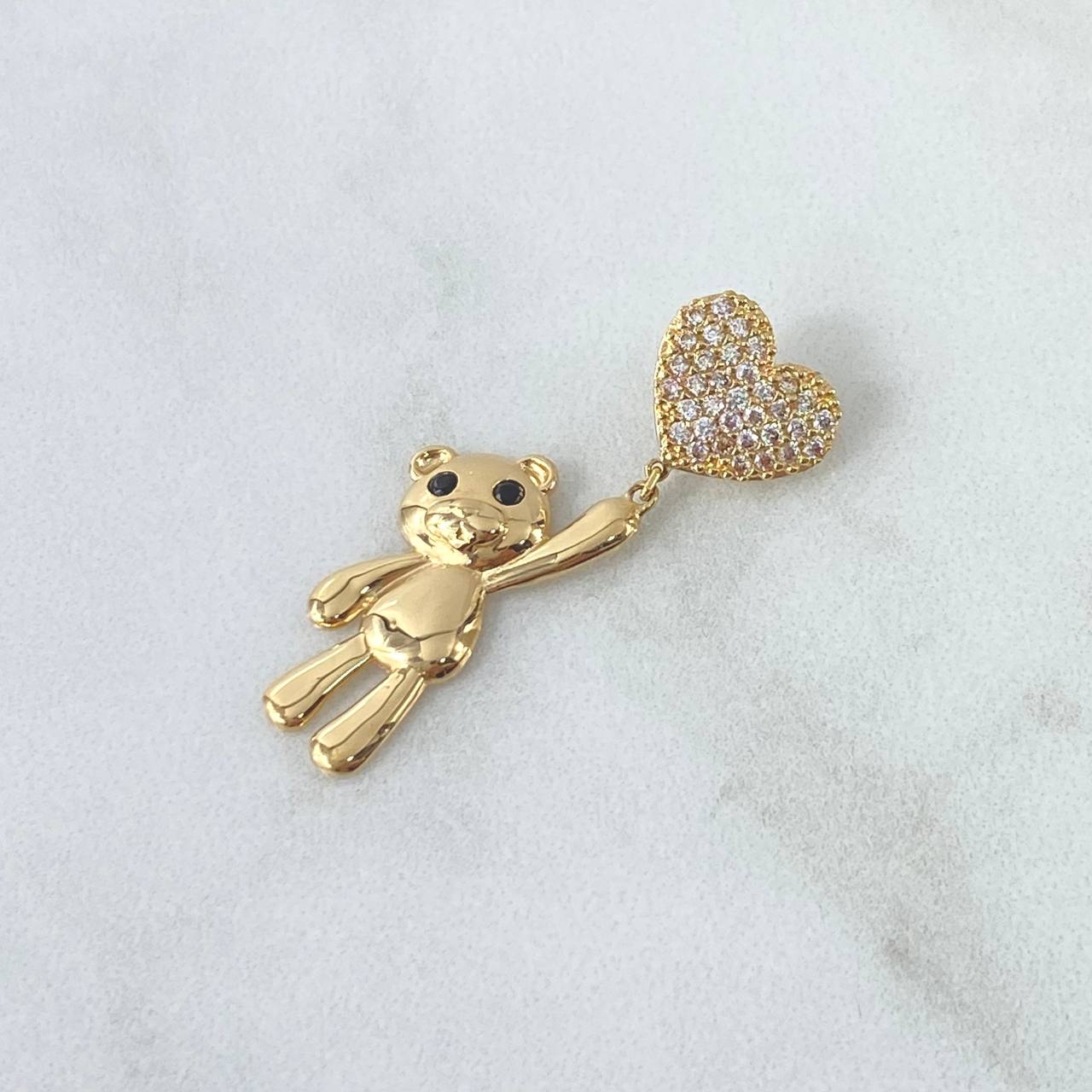 Pendant Bear Balloon Heart 3.15gr / 3.5cm / Black Eyes White Zircons 18K Yellow Gold
