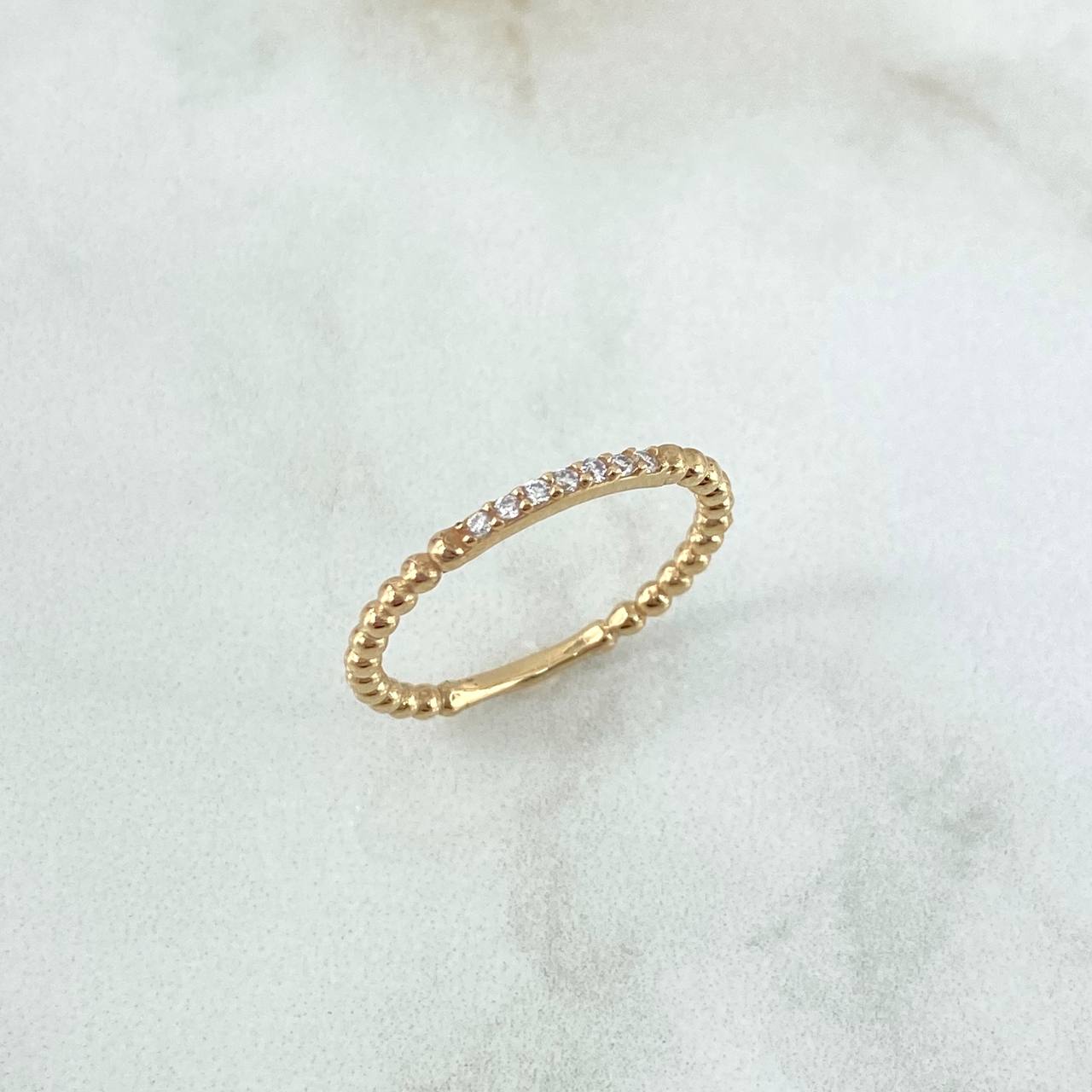 Dense Bead Ring 1.6gr / T6 1/2 / White Zircons Yellow Gold