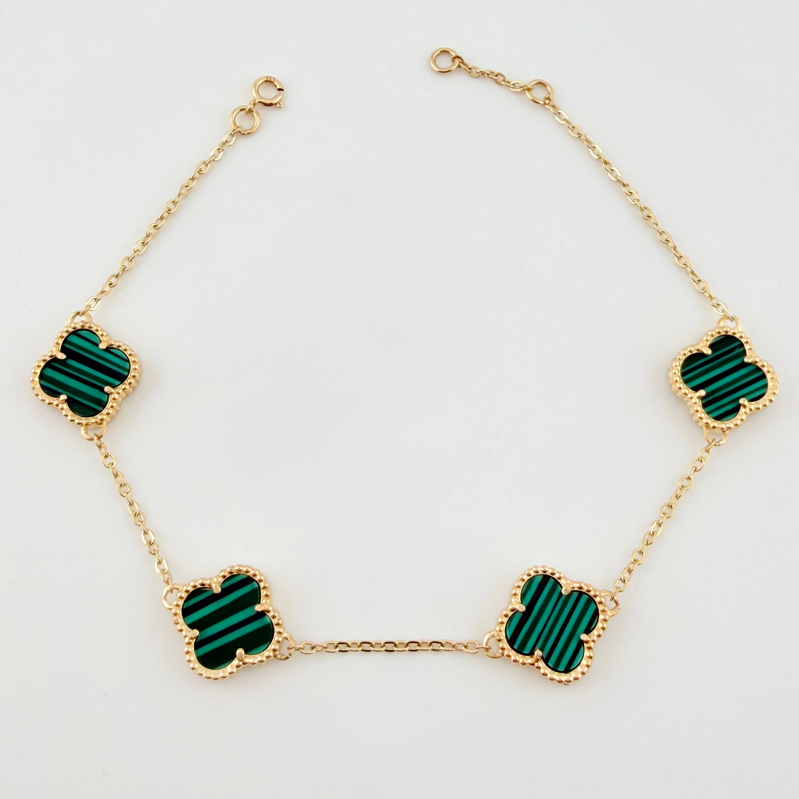 Pulso Aro seguido Trebol Malaquita Verde 6.6gr / 7 3/4 in / 12mm Oro Amarillo Nac.Esp. 18K *
