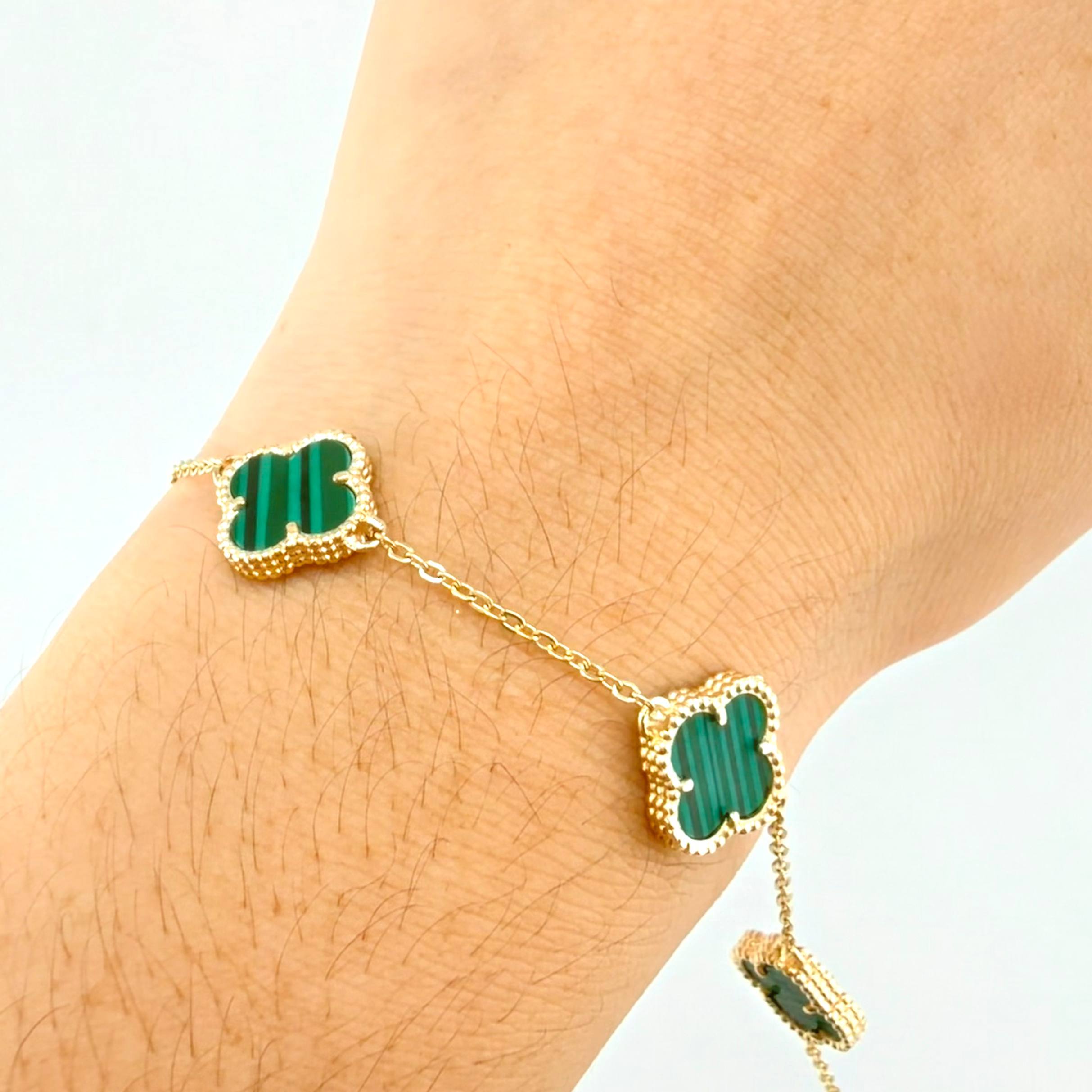 Pulso Aro seguido Trebol Malaquita Verde 6.4gr / 7 3/4 in / 12mm Oro Amarillo Nac.Esp. 18K *