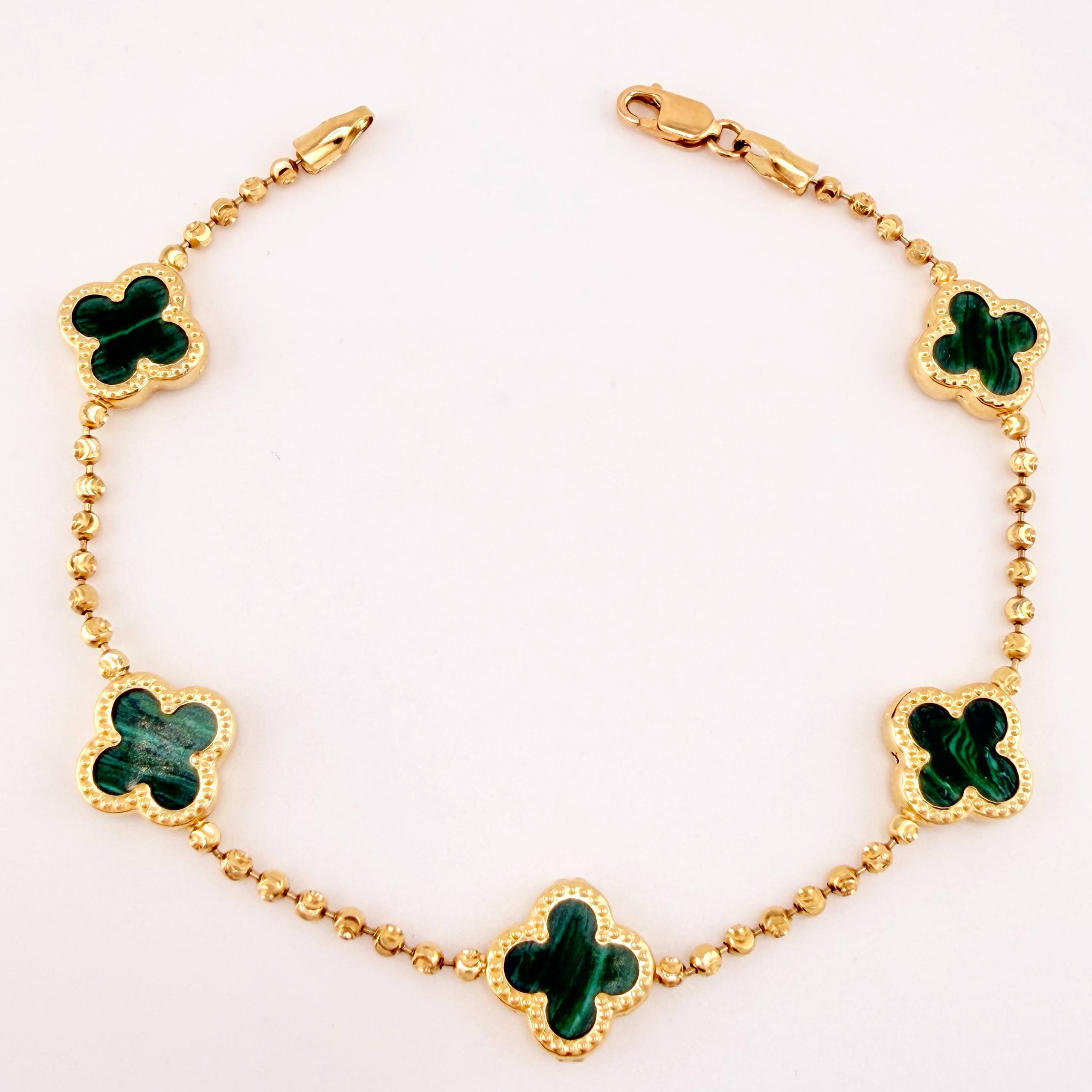 Pulso Militar Lunar Trebol Malaqita Verde 5.15gr / 7 in / 10.5mm Oro Amarillo Nac.Esp. 18K ©