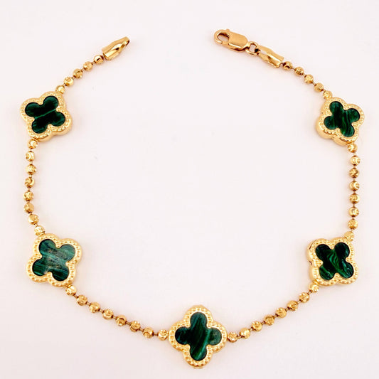 Pulso Militar Lunar Trebol Malaqita Verde 4.25gr / 7 in / 9.9mm Oro Amarillo Nac.Esp. 18K *