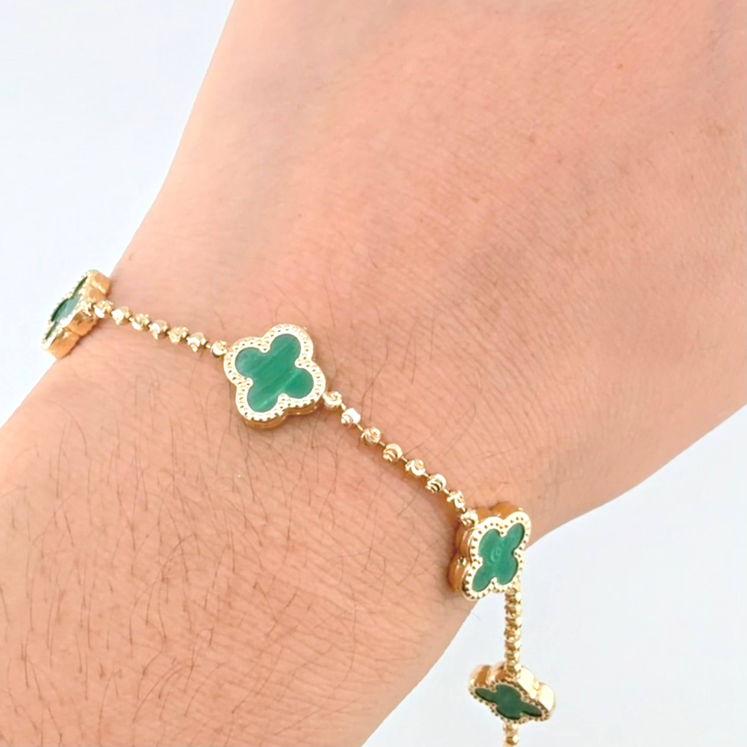 Pulso Militar Lunar Trebol Malaqita Verde 5.15gr / 7 in / 10.5mm Oro Amarillo Nac.Esp. 18K ©