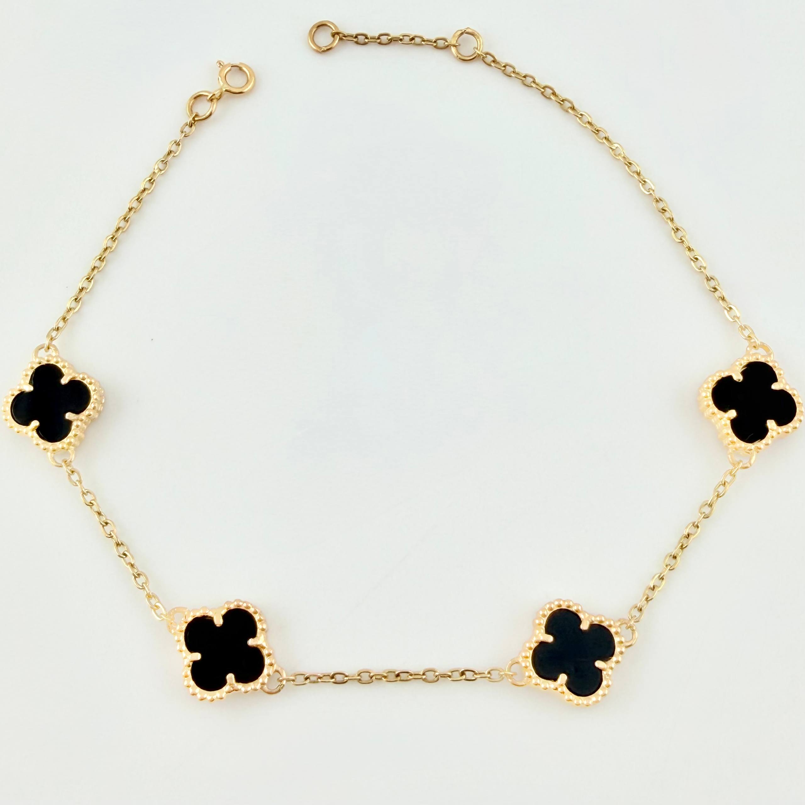 Pulso Aro Seguido Trebol Negro Onix 5.25gr / 7 3/4 in / 10mm Oro Amarillo Nac.Esp. 18K *