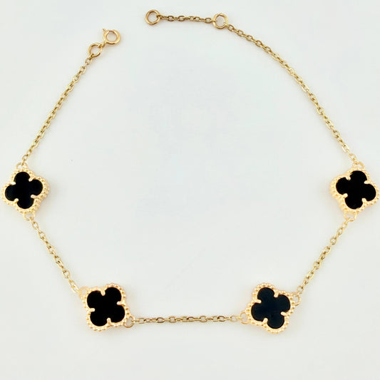 Pulso Aro seguido Trebol Onix Negro 5.2gr / 8 1/4 in / 10mm Oro Amarillo Nac.Esp. 18K
