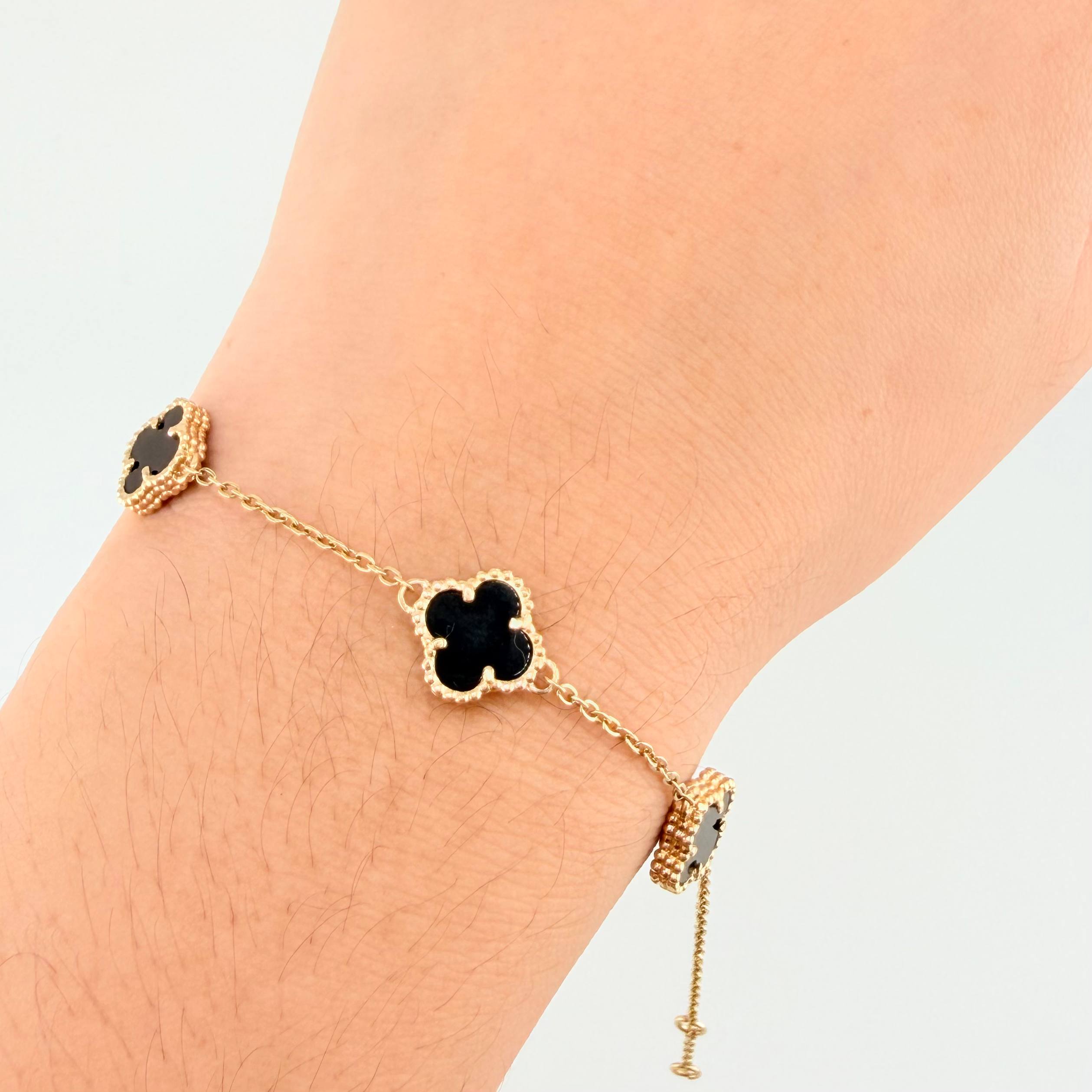 Pulso Aro seguido Trebol Onix Negro 5.2gr / 8 1/4 in / 10mm Oro Amarillo Nac.Esp. 18K