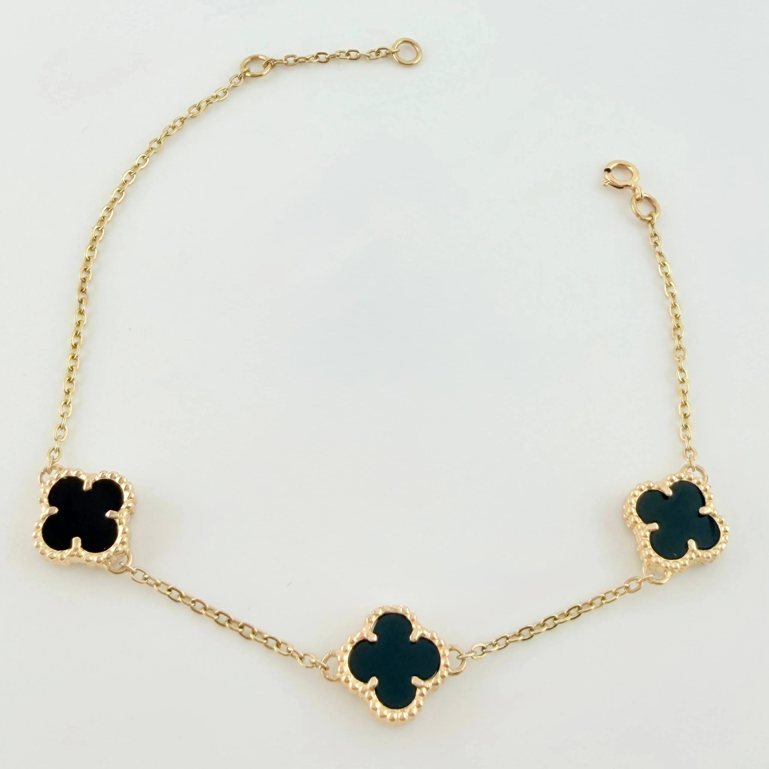 Adjustable Black Onyx Clover Bracelet 3.6 g / 6 1/2 in - 5 3/4 in / 1.36 mm Yellow Gold 18K