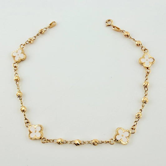 Pulso Militar Treboles Flores Blancas 3.4gr / 7 1/2 in / 8.2mm Oro Amarillo Nac.Esp. 18K *