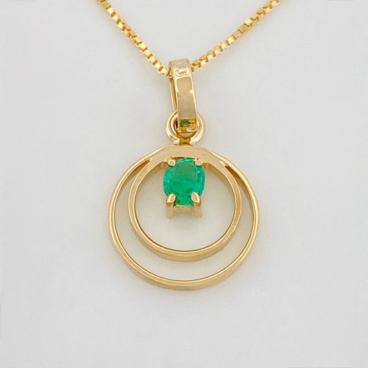 Set Venetian Chain + Circular Pendant emerald 14 pts / 1.35g / 15 3/4 in Yellow Gold 18K