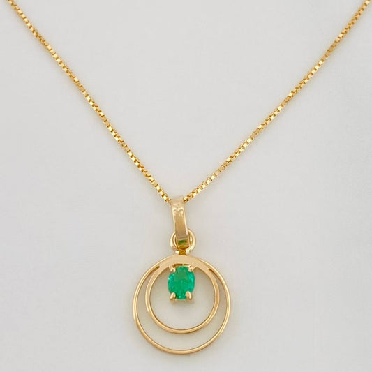 Set Cadena Veneciana + Dije Circular Esmeralda 0.07pts / 1.5g / 16 in Oro Amarillo 18K