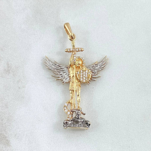 Dije San Miguel Arcangel 5.85gr / 4.5cm / Circones Blancos  Dos Oros Amarillo Blanco 18K
