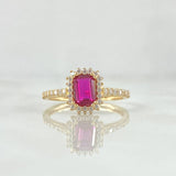 Ring Solitaire Rectangular Halo 2.5gr / Size 6 1/4 / White Fuchsia Zircons 18K Yellow Gold