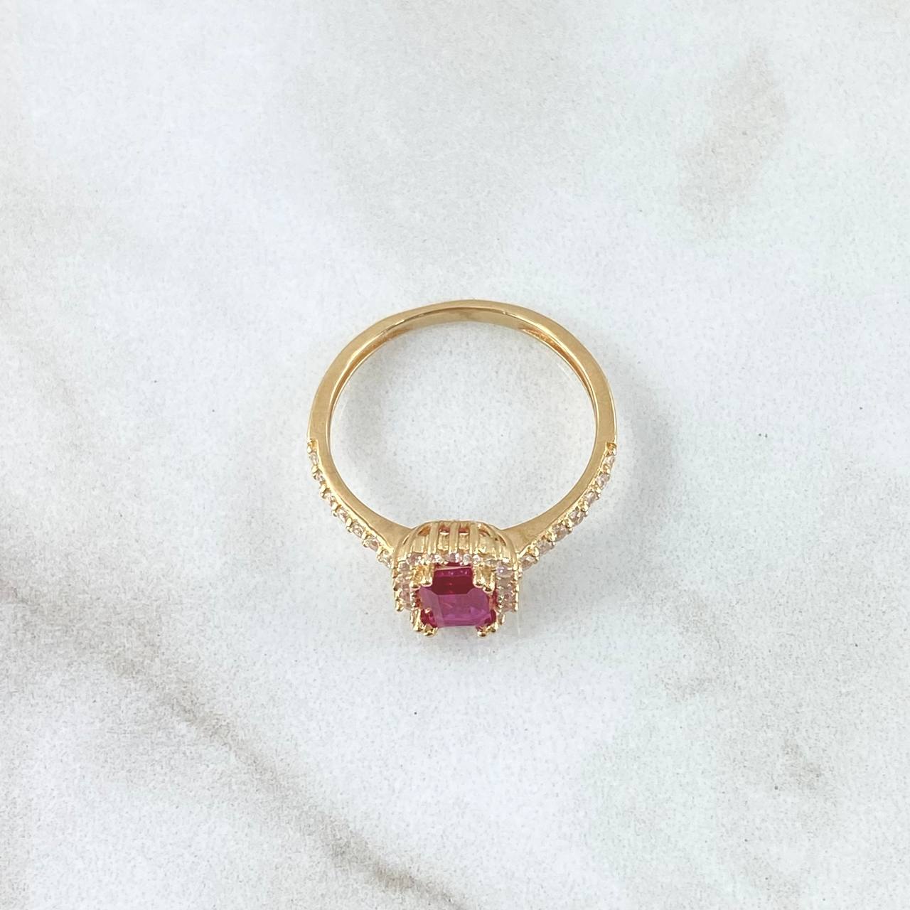 Ring Solitaire Rectangular Halo 2.5gr / Size 6 1/4 / White Fuchsia Zircons 18K Yellow Gold