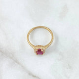 Ring Solitaire Rectangular Halo 2.5gr / Size 6 1/4 / White Fuchsia Zircons 18K Yellow Gold