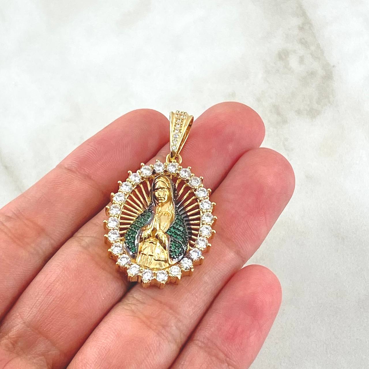 Pendant Virgin Mary Eleusa 9.2gr / 4cm / White Green Zircons 18K Yellow Gold