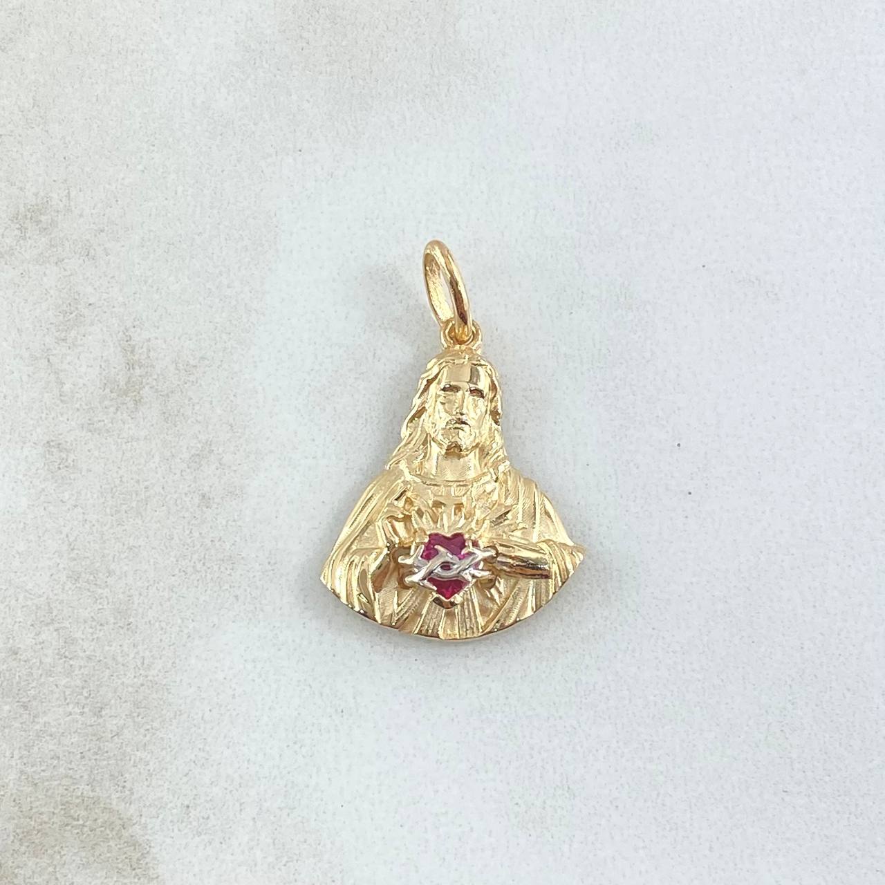 Pendant Sacred Heart of Jesus 2.95gr / 2.6cm / Fuchsia Zircon Yellow Gold 18K