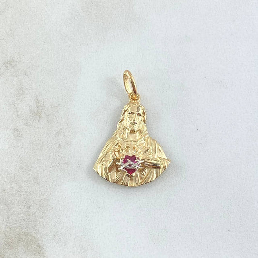 Pendant Sacred Heart of Jesus 2.95gr / 2.6cm / Fuchsia Zircon Yellow Gold 18K