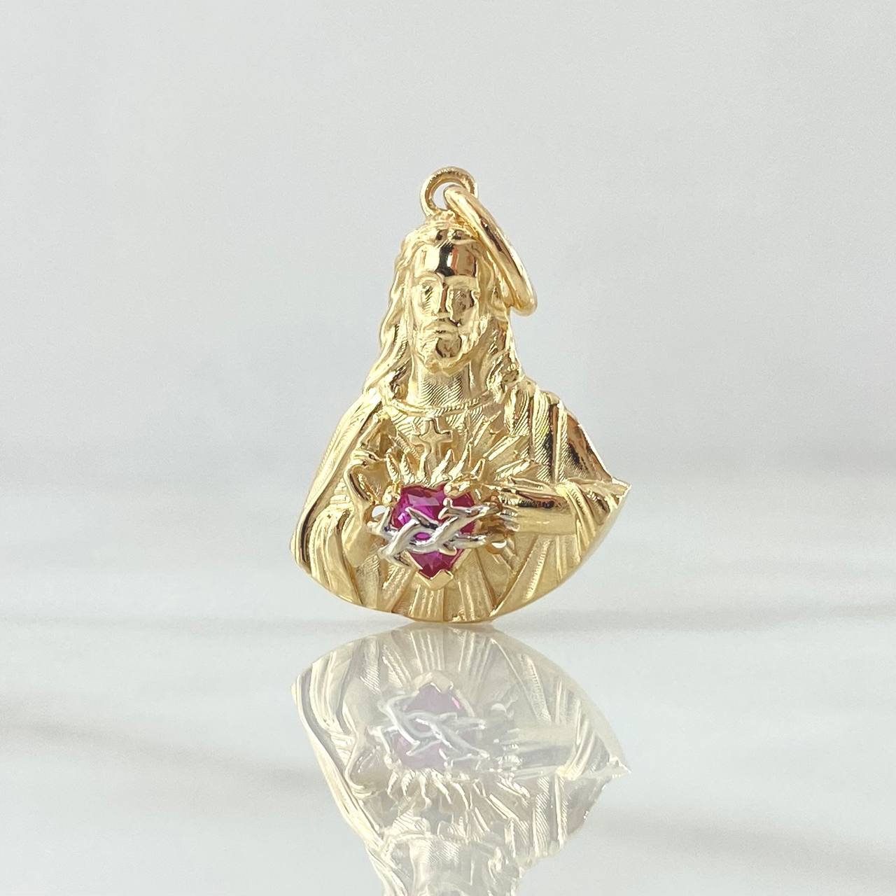 Pendant Sacred Heart Of Jesus 3.15gr / 2.7cm / Fuchsia Zircon Yellow Gold 18K ©