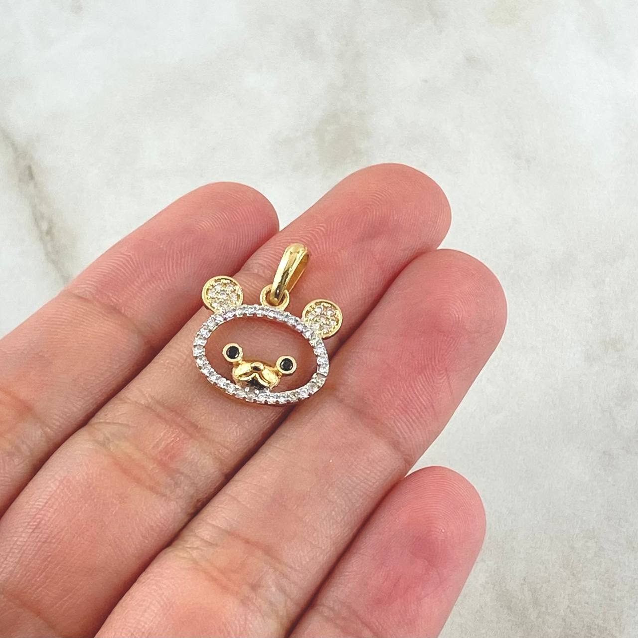 Pendant Teddy Bear Silhouette 1.6gr / 2cm / White and Black Zircons 18K Yellow Gold