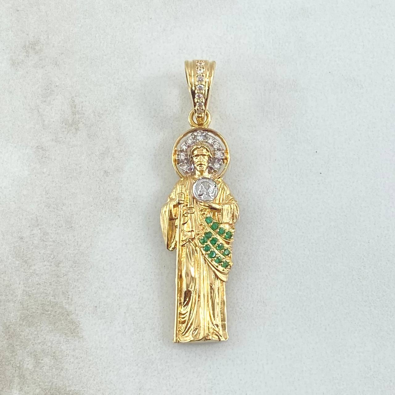 Pendant San Judas 4.25gr / 4cm / White and Green Zircons Two 18K Yellow and White Gold ©