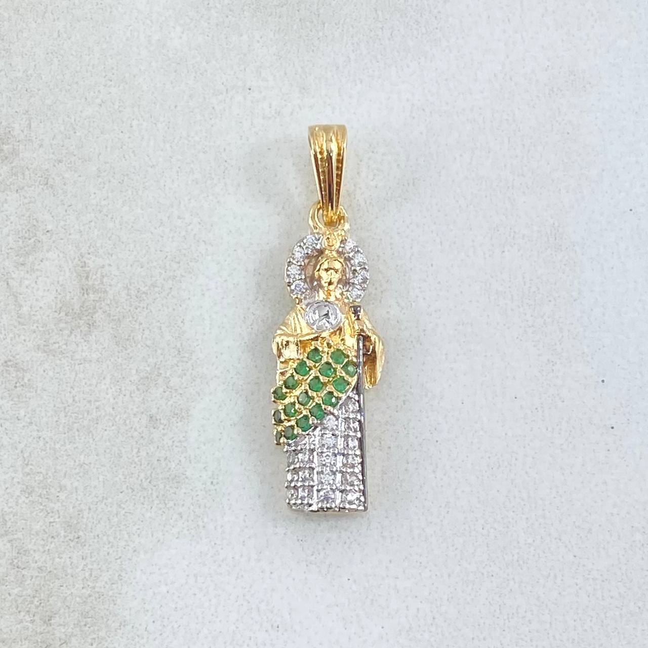 Pendant San Judas 1.9gr / 2.7cm / White and Green Zircons Two 18K Yellow and White Gold ©