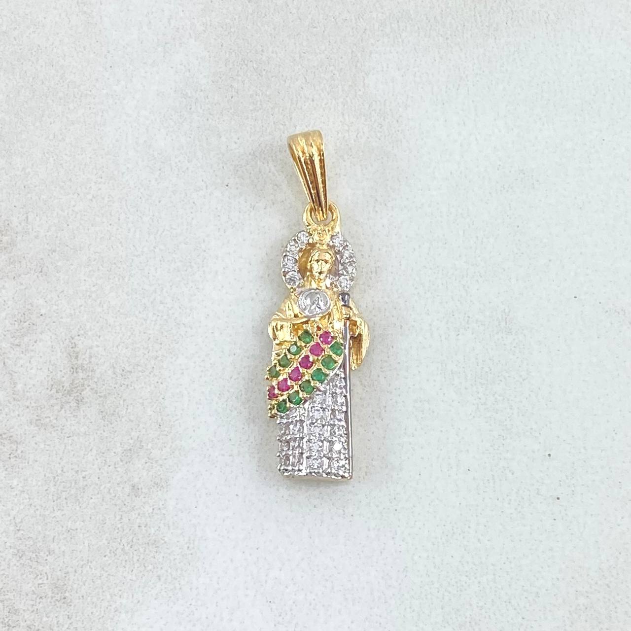 Dije San Judas 1.85gr / 2.7cm / Circones Blancos Verdes Fucsias Dos Oros Amarillo Blanco 18K ©
