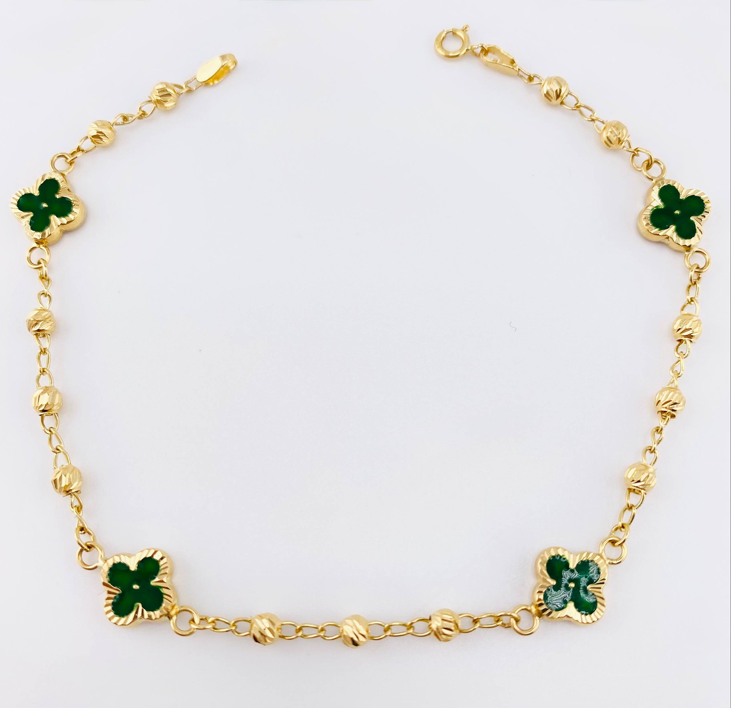 Pulso Militar Treboles Flores Verdes 3.35gr / 7 3/4 in / 8.2mm Oro Amarillo Nac.Esp. 18K *