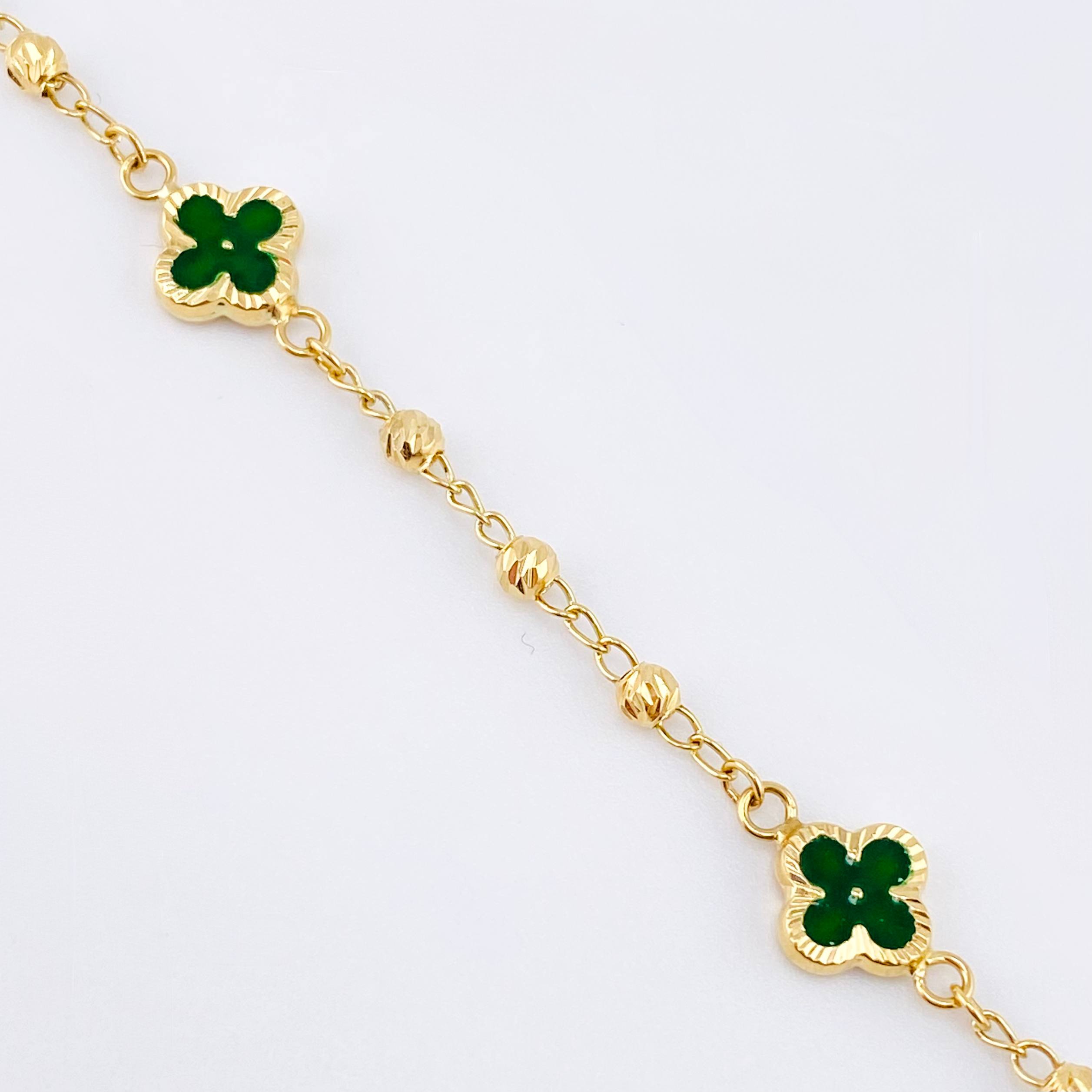 Pulso Militar Treboles Flores Verdes 3gr / 7 in / 8.2mm Oro Amarillo Nac.Esp. 18K *