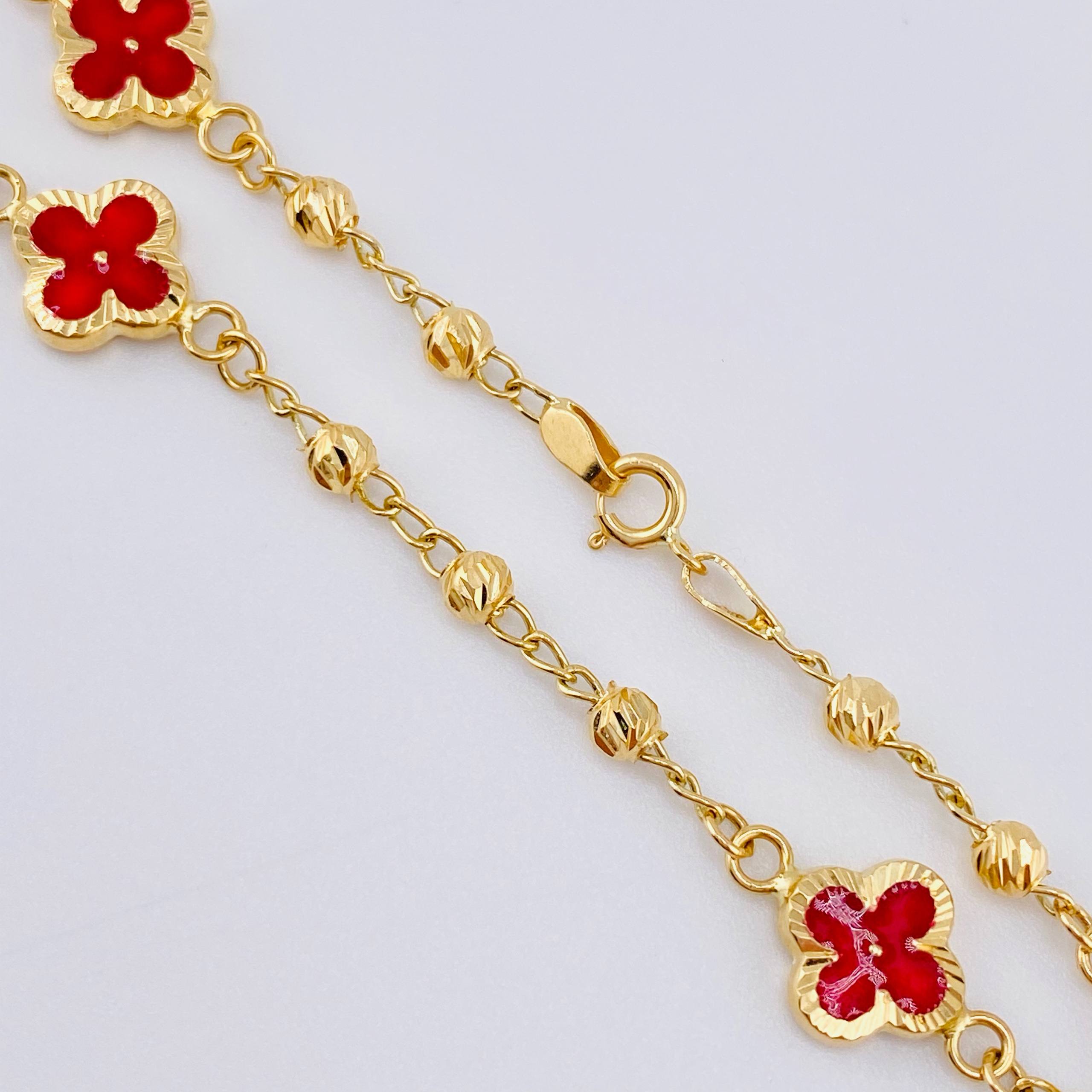 Pulso Militar Treboles Flores Rojas 3.35gr / 7 1/2 in / 8.2mm Oro Amarillo Nac.Esp. 18K *