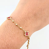 Pulso Militar Treboles Flores Rojas 3.35gr / 7 1/2 in / 8.2mm Oro Amarillo Nac.Esp. 18K *