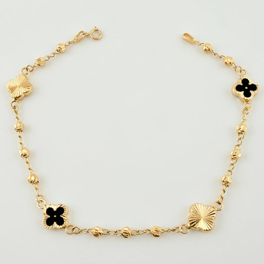 Pulso Militar Treboles Flores Negras-Diamantadas 3.5gr / 7 1/2 in / 8.2mm Oro Amarillo Nac.Esp. 18K *