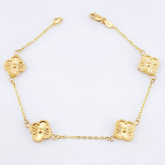 Pulso Aro seguido Treboles Flores Diamantadas 2.95gr / 7 1/2 in / 10mm Oro Amarillo Nac.Esp. 18K