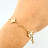 Pulso Aro seguido Treboles Flores Diamantadas 2.85gr / 7 1/4 in / 10mm Oro Amarillo Nac.Esp. 18K