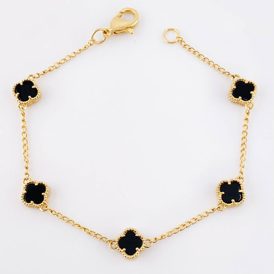 Pulso Espiga Trebol Onix Negro 4.55gr / 7 1/4 in / 7.6mm Oro Amarillo Nac.Esp. 18K *