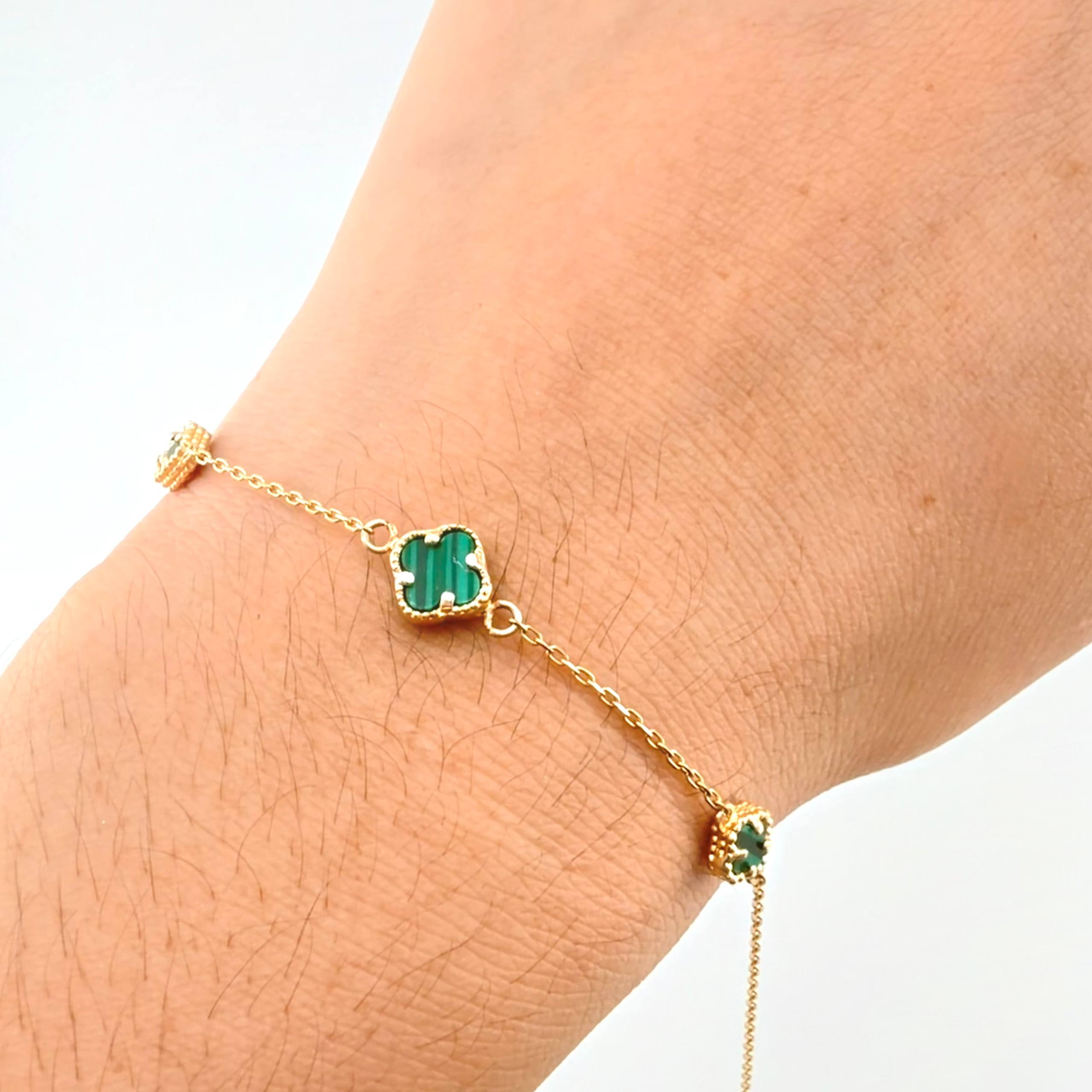 Pulso Aro seguido Trebol Malaquita Verde 2.45gr / 8 3/4 in / 7mm-5mm Oro Amarillo Nac.Esp. 18K