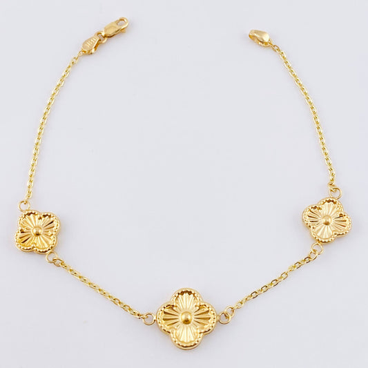 Pulso Aro seguido Treboles Flores Diamantadas 2.85gr / 7 1/2 in / 12mm-10mm Oro Amarillo Nac.Esp. 18K
