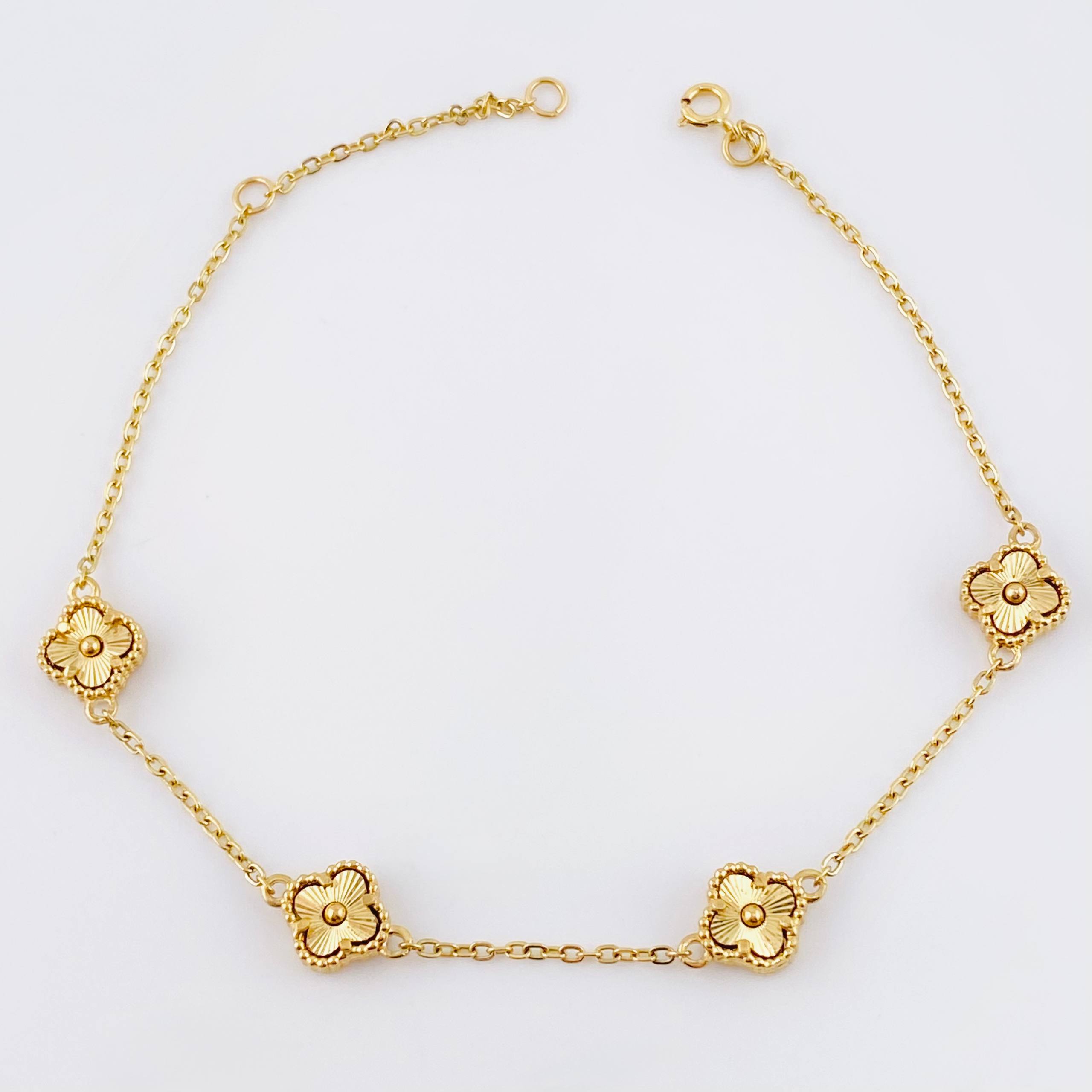 Pulso Aro seguido Treboles Dobles Flores Diamantadas 3.95gr / 8 1/4 in / 7.6mm Oro Amarillo Nac.Esp. 18K