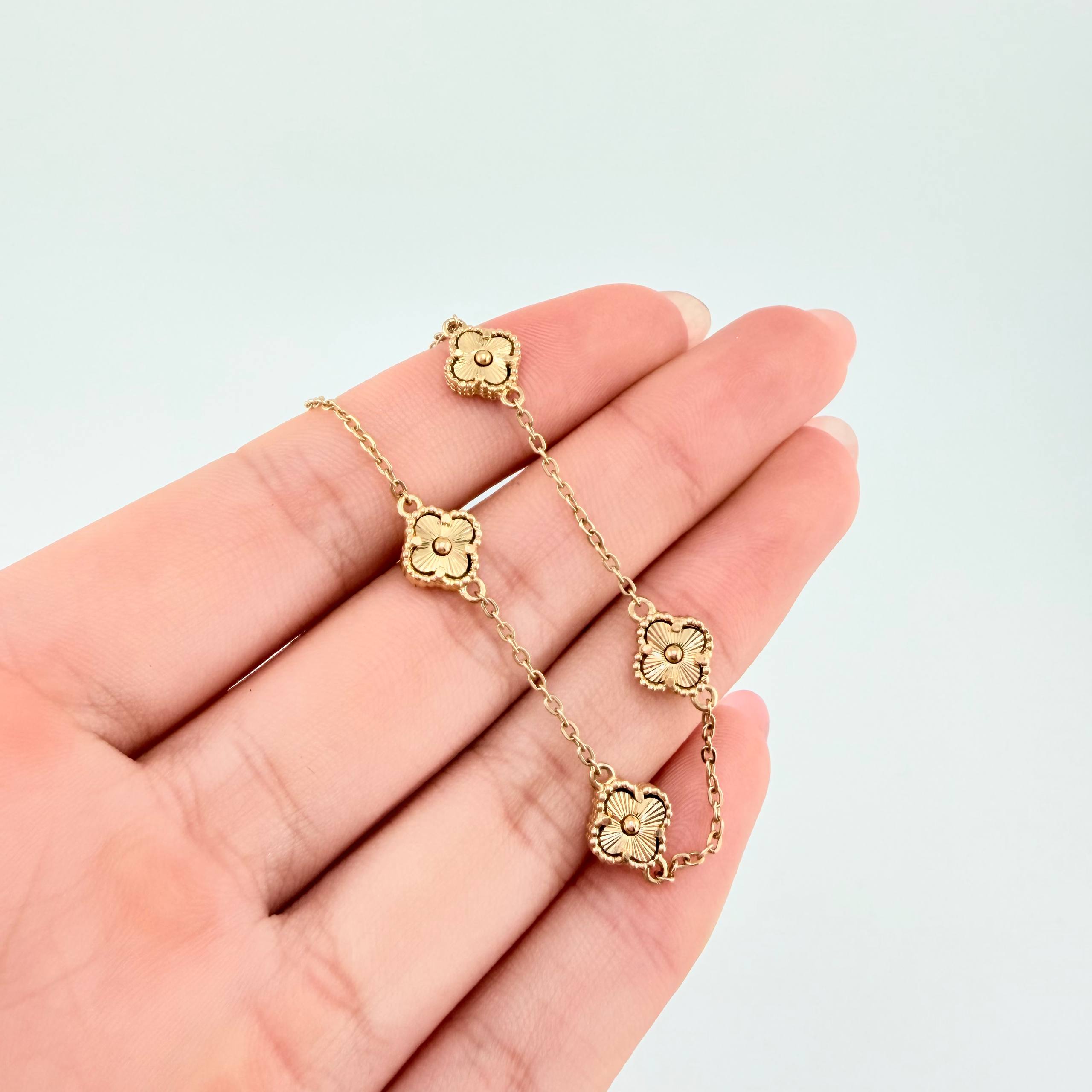 Pulso Aro seguido Treboles Dobles Flores Diamantadas 3.95gr / 8 1/4 in / 7.6mm Oro Amarillo Nac.Esp. 18K