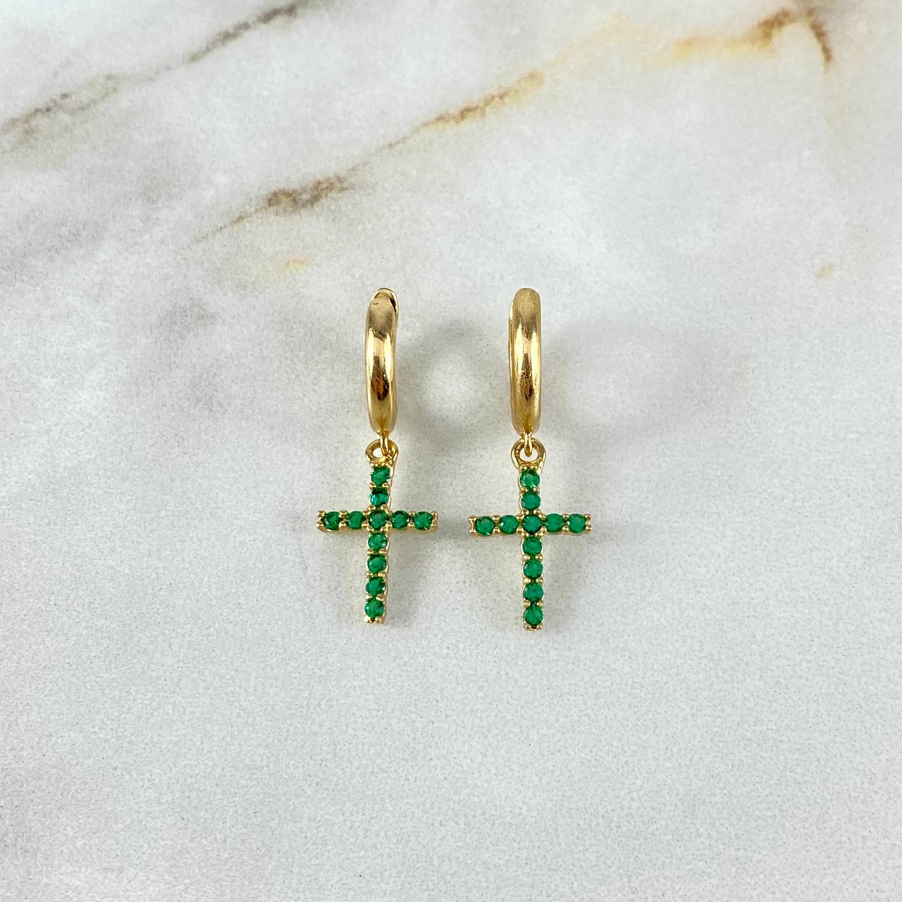 Hoop Earrings Cruz 2.85gr / 2.5cm-1.5cm / Green Zircons Yellow Gold ©