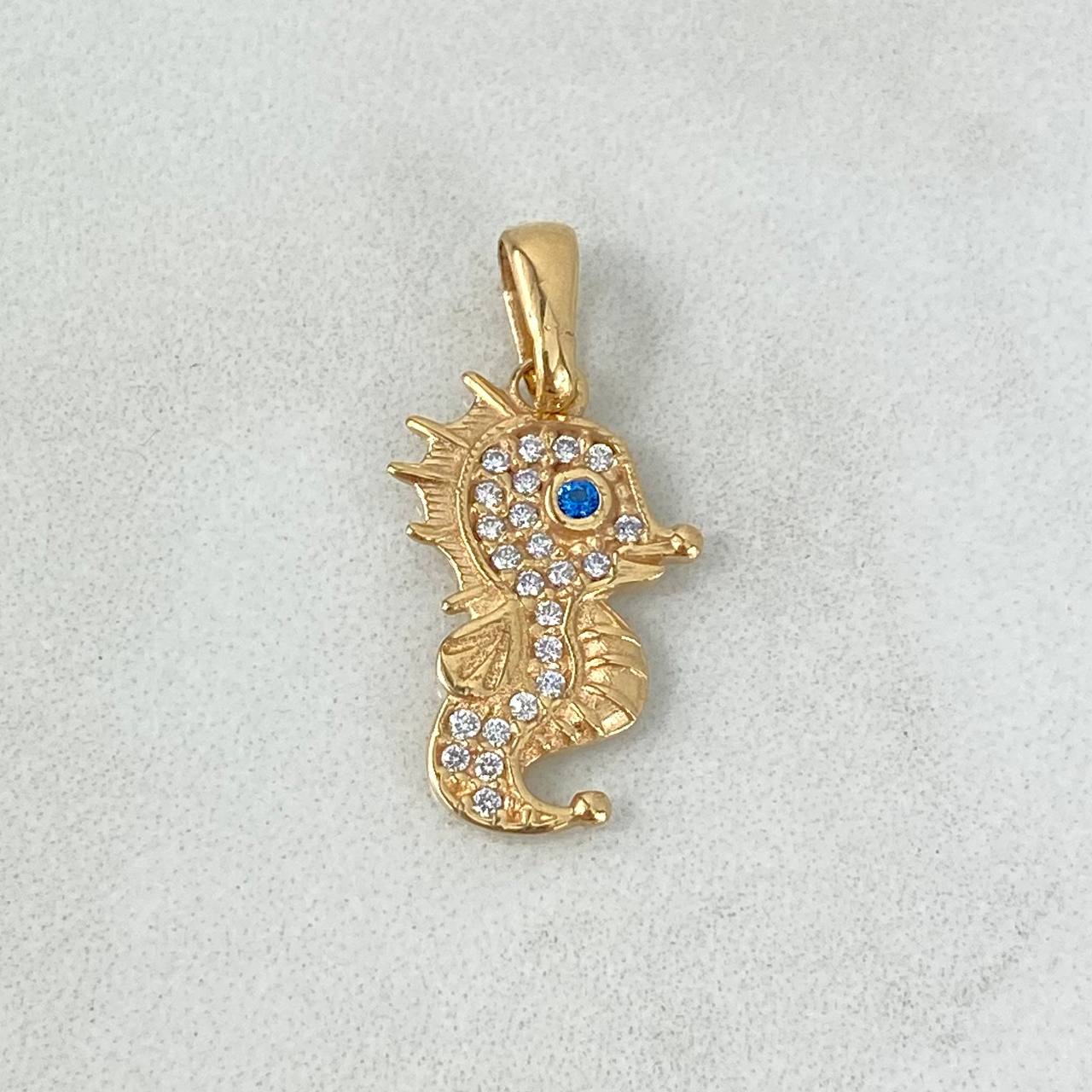 Pendant Seahorse 1.6gr / 2.3cm / Light Blue White Zircons Yellow Gold