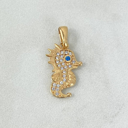 Pendant Seahorse 1.6gr / 2.3cm / Light Blue White Zircons Yellow Gold