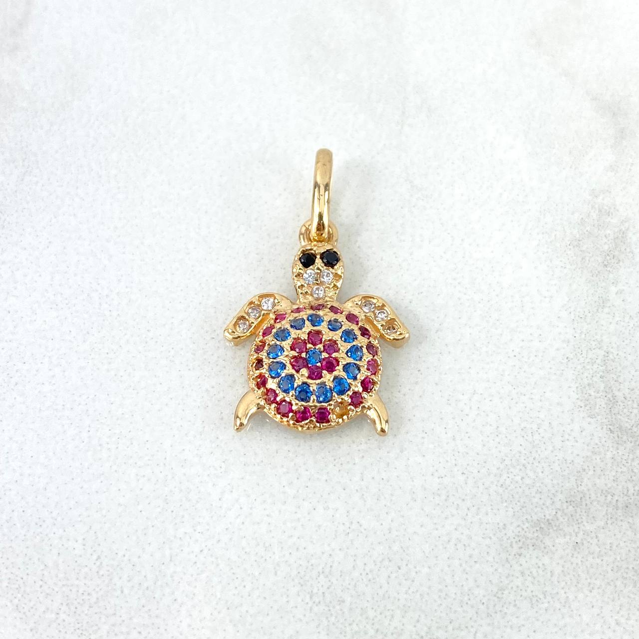 Pendant Turtle 1.6gr / 2cm / Fuchsia Blue Zircons Yellow Gold