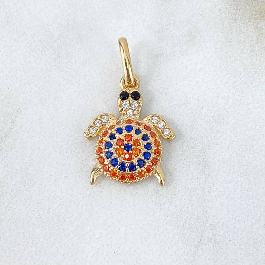 Pendant Turtle 1.6gr / 2cm / Orange Blue Zircons Yellow Gold