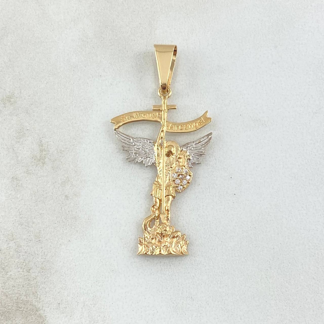 Dije San Miguel Arcangel 2.6gr / 4.1cm / Circones Blancos Dos Oros Amarillo Blanco 18K